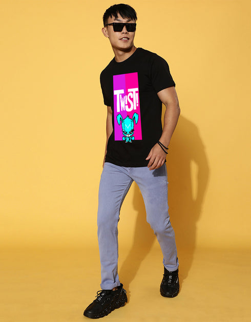 Twist Printed Black Regular T-Shirt